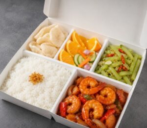 menu jualan nasi kotak udang asam manis